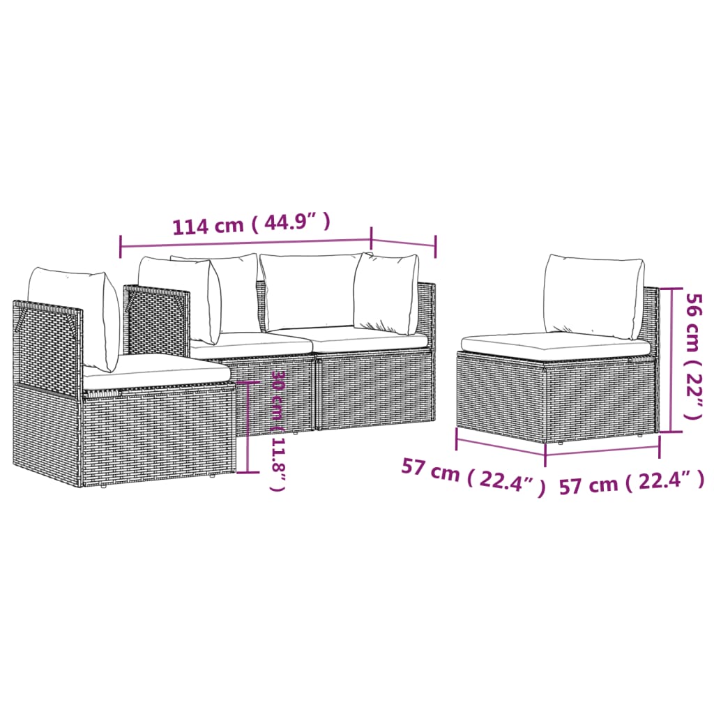 Salotto da giardino 4 pz in polyrattan grigio con cuscini 3