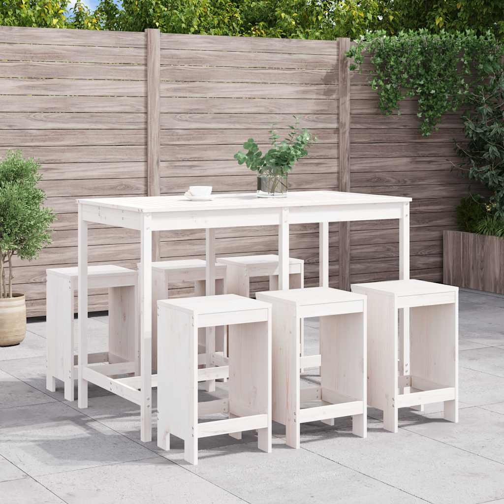 Set Bar da Giardino Bianco in Legno Massello di Pino 6 Sgabelli
