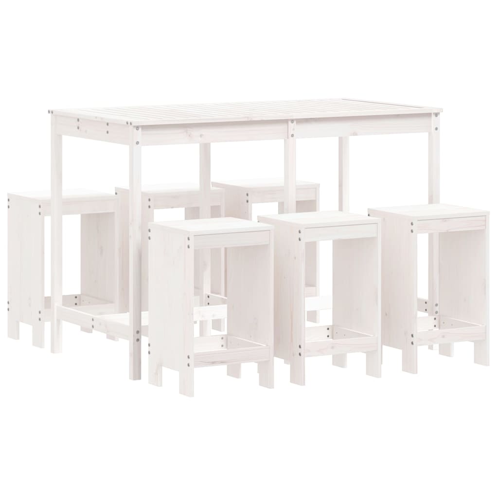Set Bar da Giardino Bianco in Legno Massello di Pino 6 Sgabelli