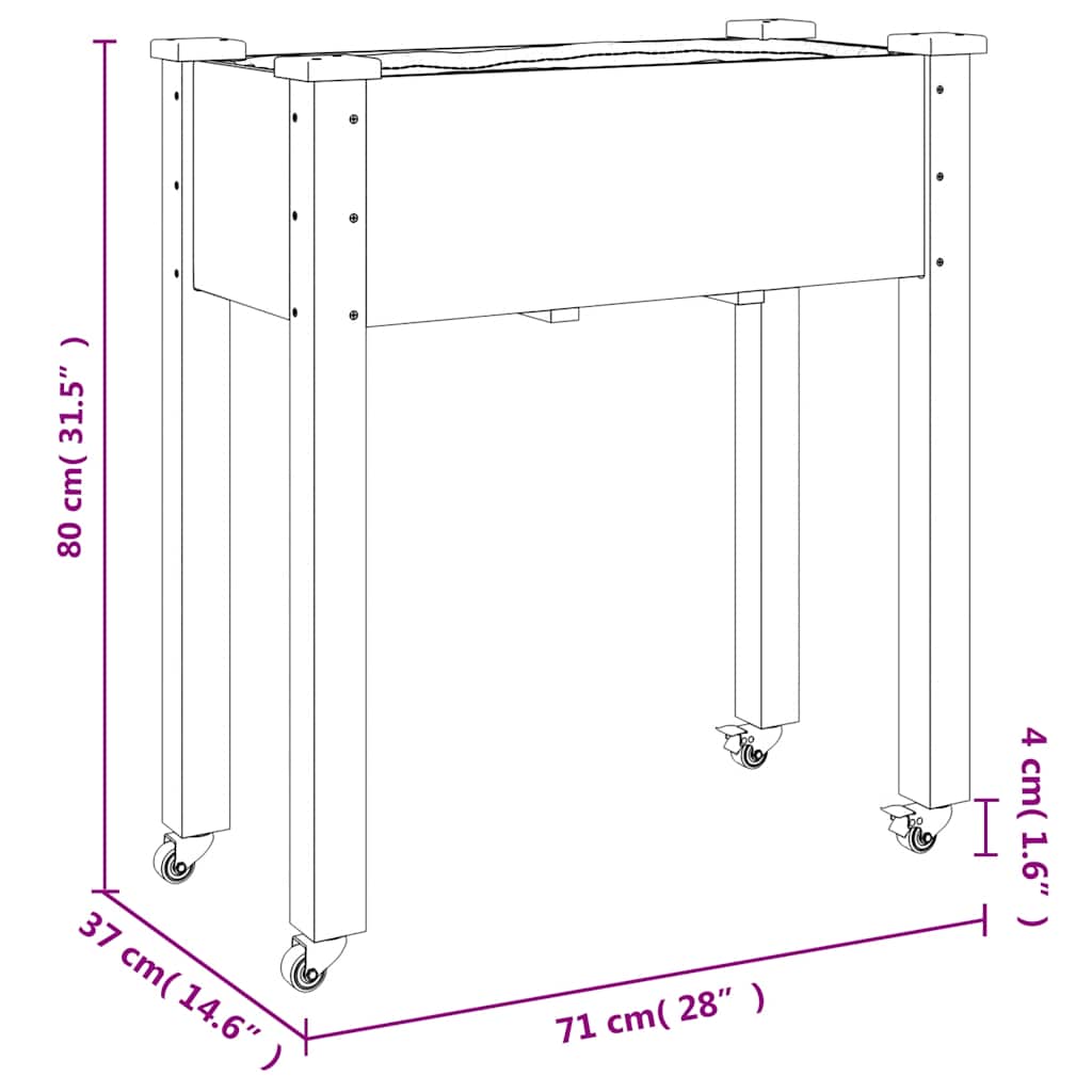 Fioriera Ruote e Fodera Grigia 71x37x80cm Legno Massello Abete