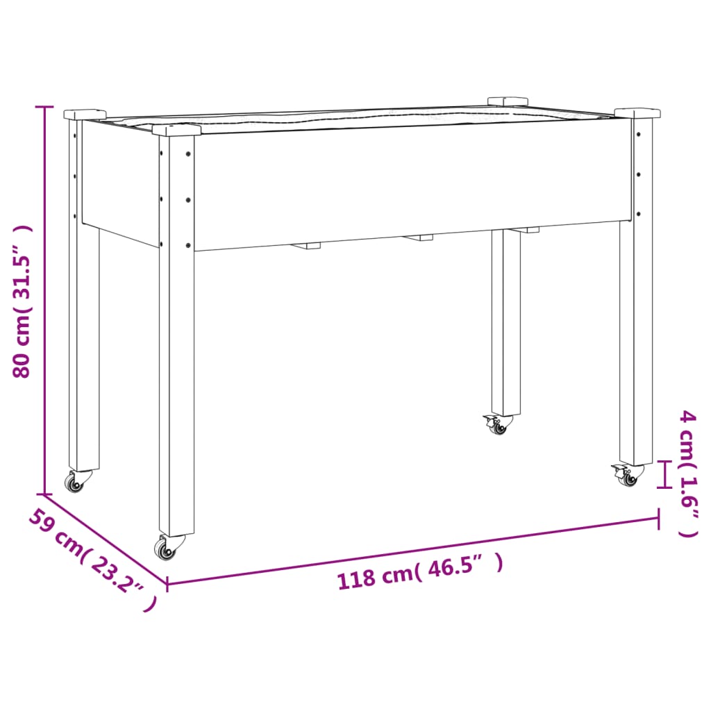Fioriera con Ruote e Fodera 118x59x80cm Legno Massello di Abete