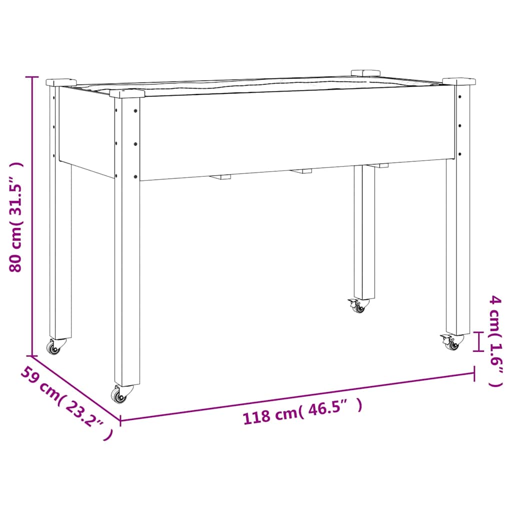 Fioriera Ruote e Fodera Grigia 118x59x80cm Legno Massello Abete