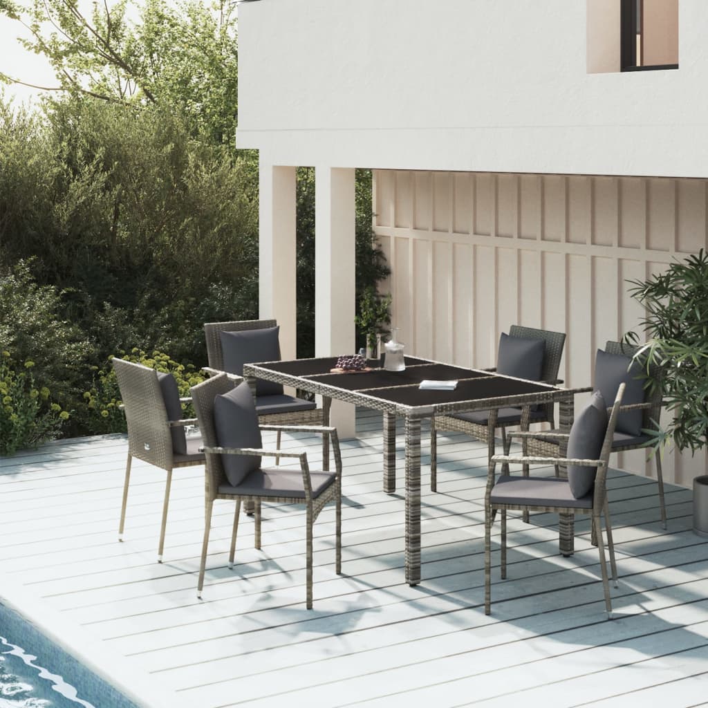 Set da Pranzo da Giardino in Polyrattan Grigio 6 Sedie e Tavolo