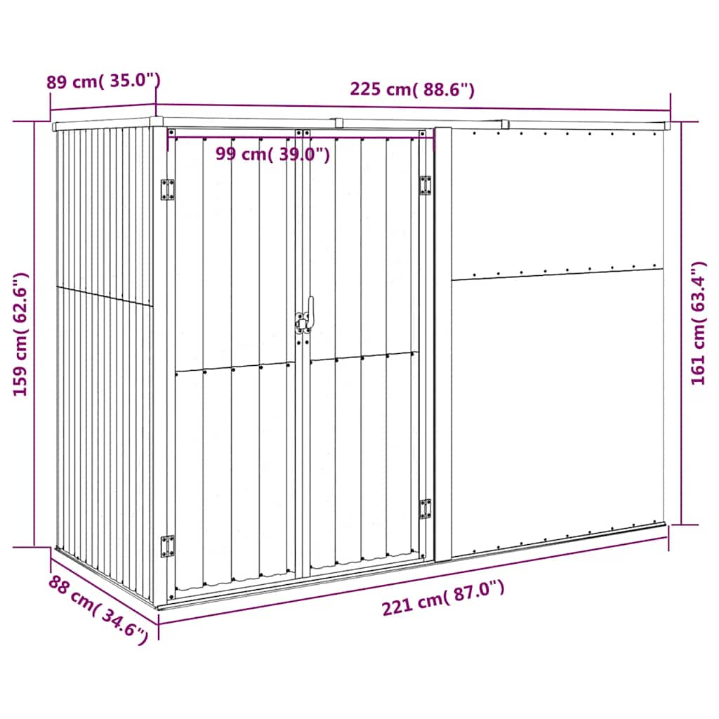 Capanno per Attrezzi Verde 225x89x161 cm in Acciaio Zincato
