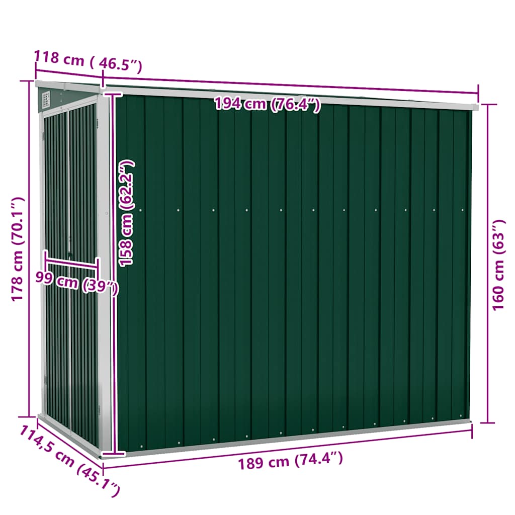 Capanno Giardino a Parete Verde 118x194x178 cm Acciaio Zincato