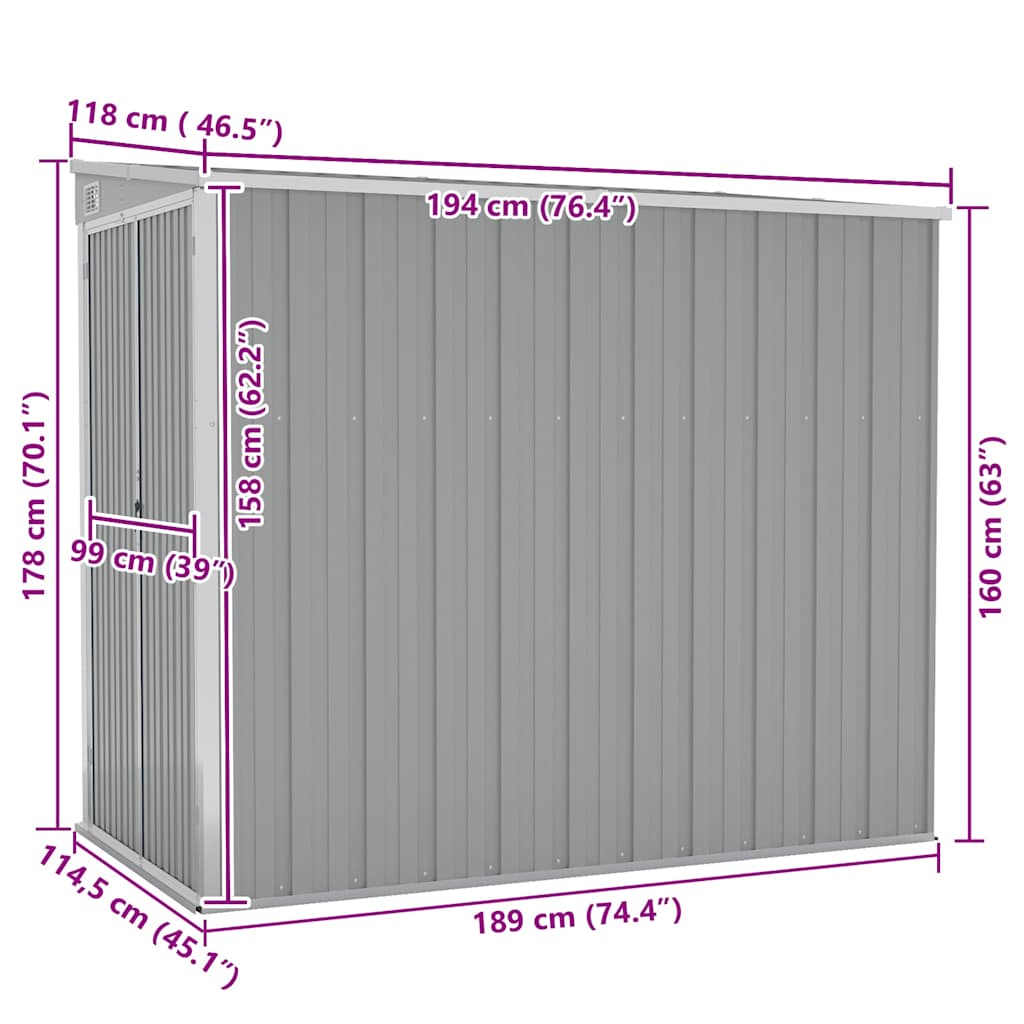 Capanno Giardino a Parete Grigio 118x194x178 cm Acciaio Zincato