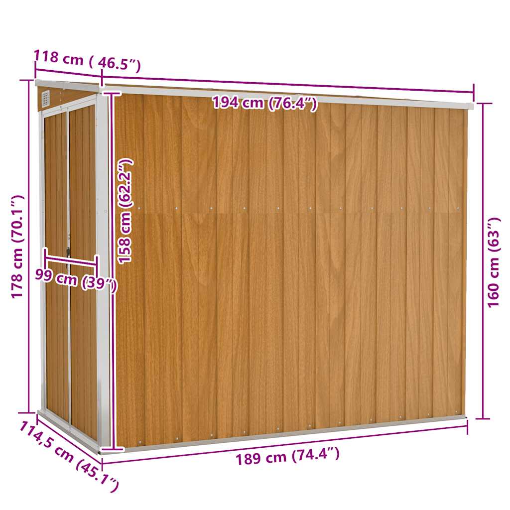 Capanno Giardino a Parete Marrone 118x194x178cm Acciaio Zincato