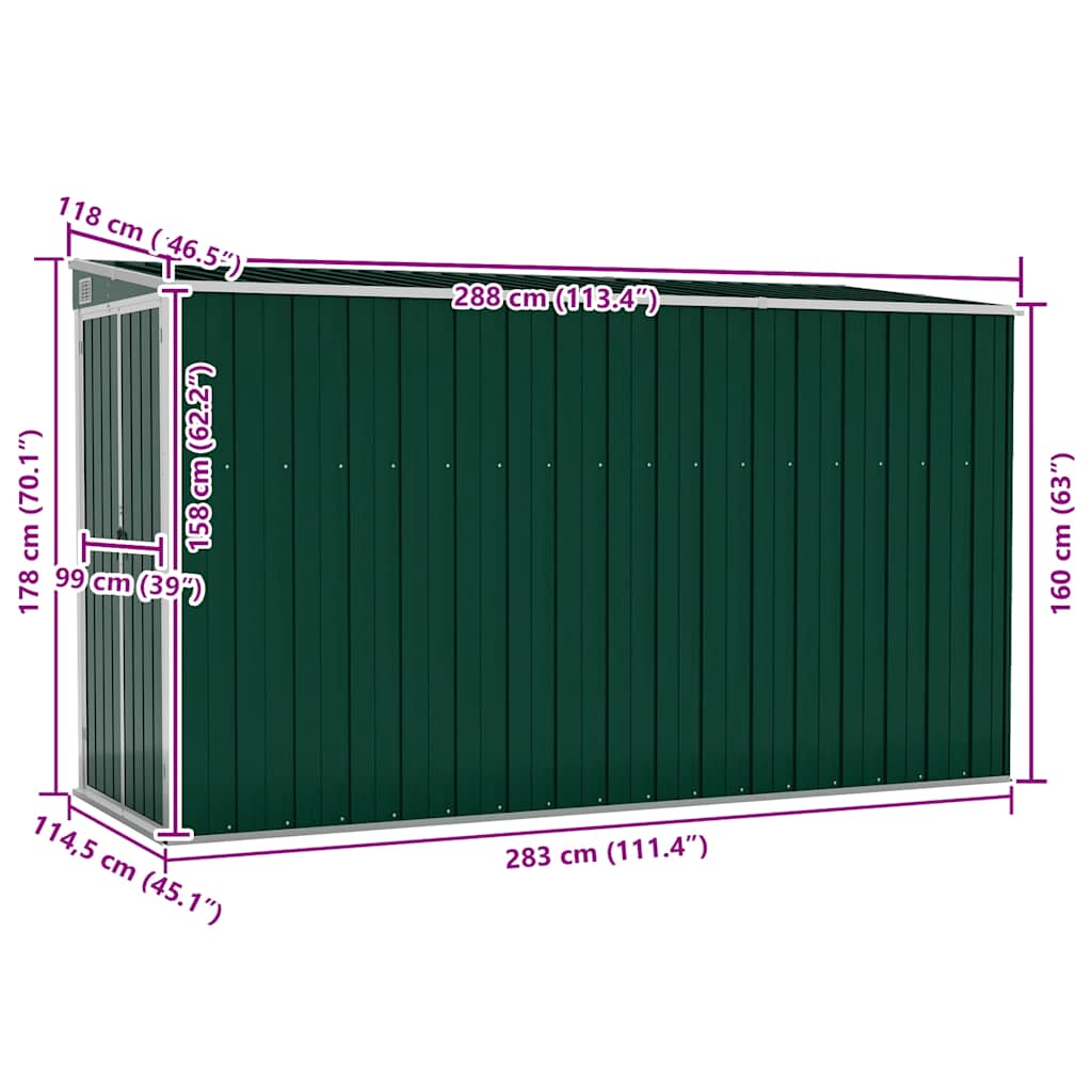 Capanno Giardino a Parete Verde 118x288x178 cm Acciaio Zincato