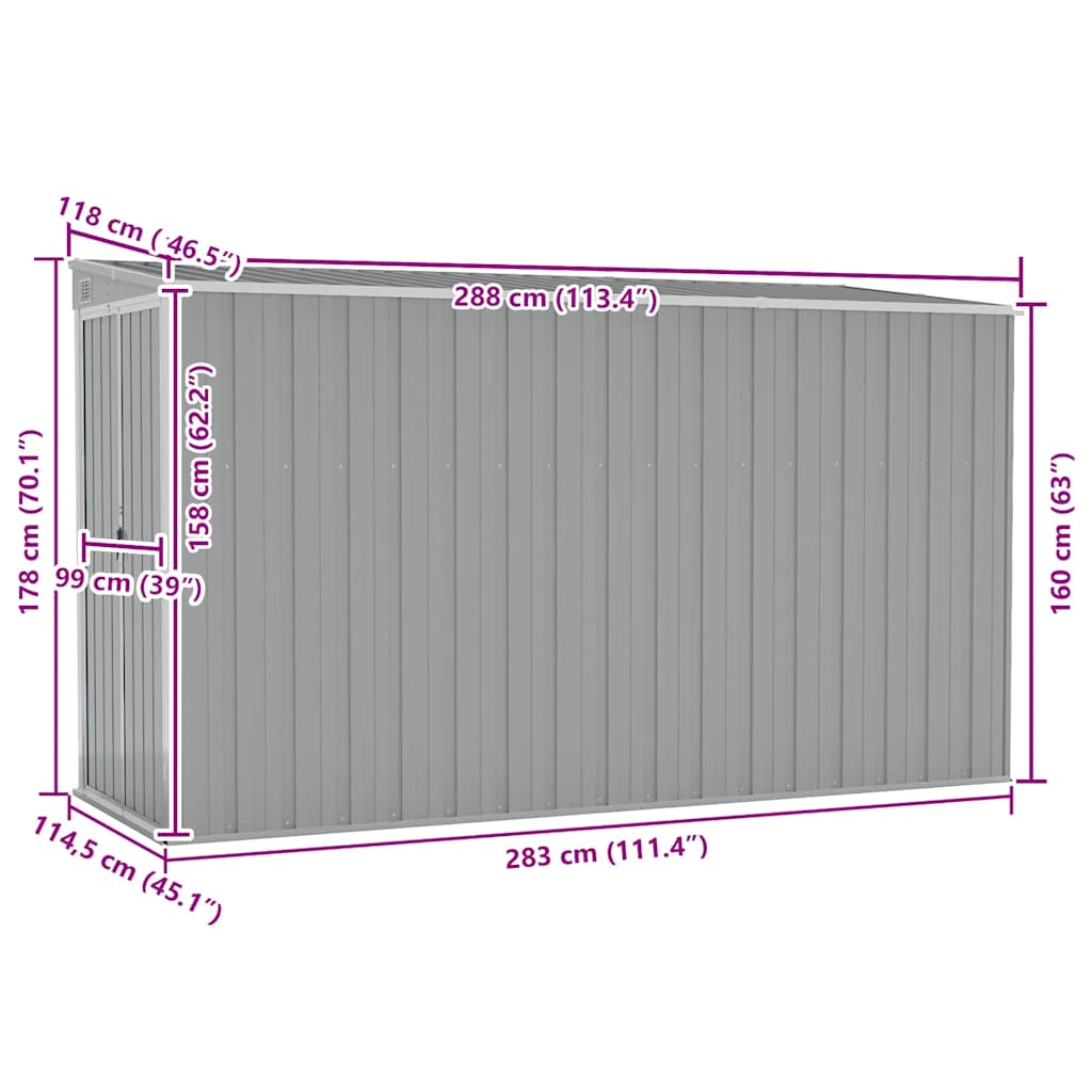 Capanno Giardino a Parete Grigio 118x288x178 cm Acciaio Zincato
