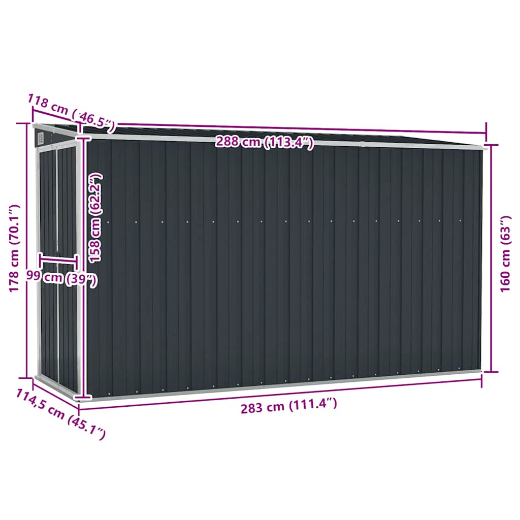 Capanno da Giardino a Parete Antracite 118x288x178 cm Acciaio