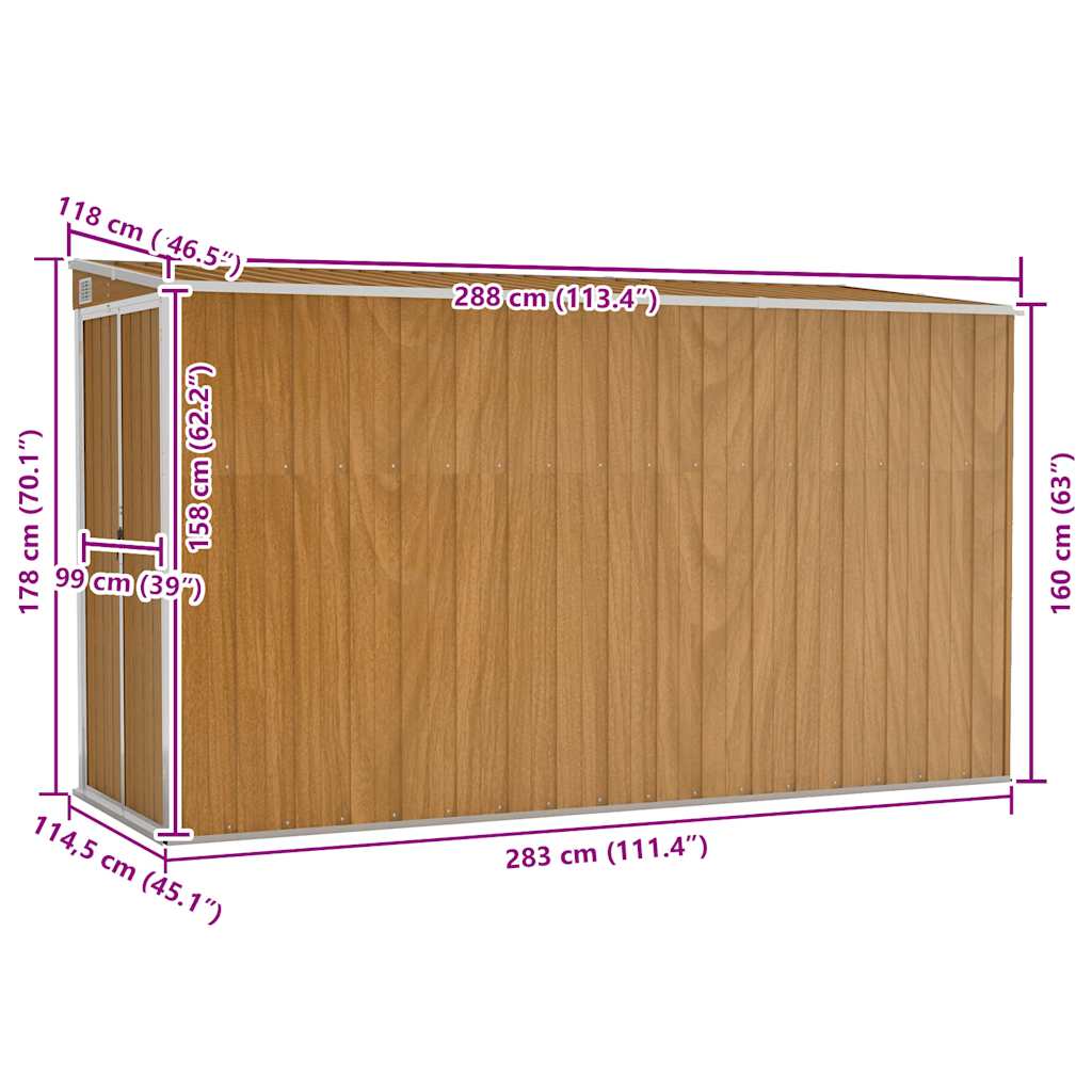 Casetta da giardino a muro marrone 118x288x178 cm in acciaio zincato