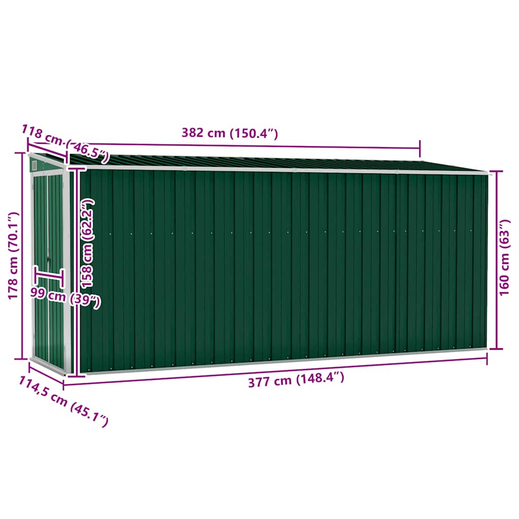 Capanno Giardino a Parete Verde 118x382x178 cm Acciaio Zincato