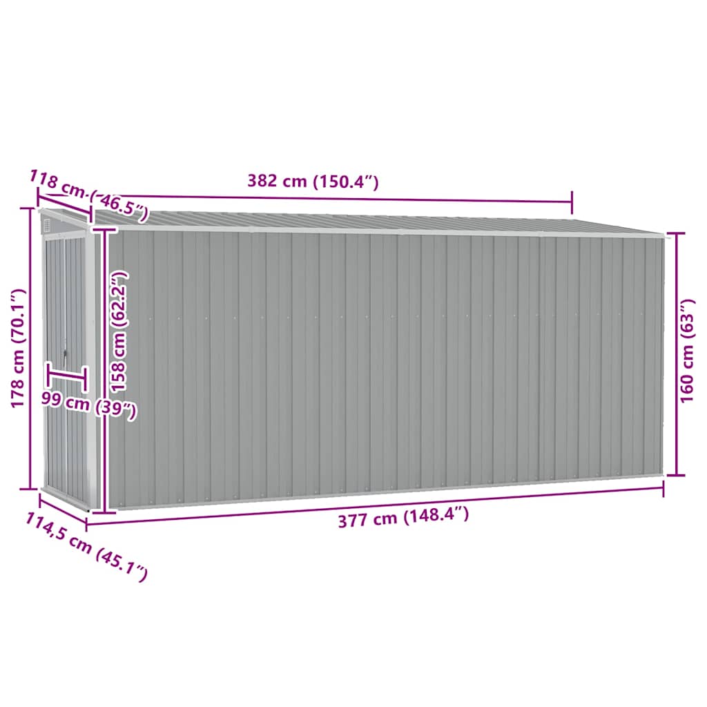 Capanno Giardino a Parete Grigio 118x382x178 cm Acciaio Zincato