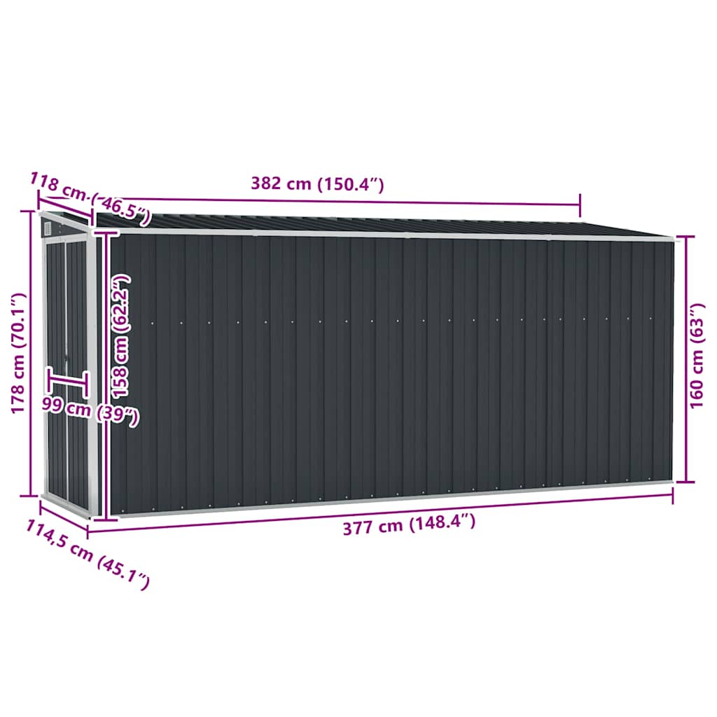 Capanno da Giardino a Parete Antracite 118x382x178 cm Acciaio