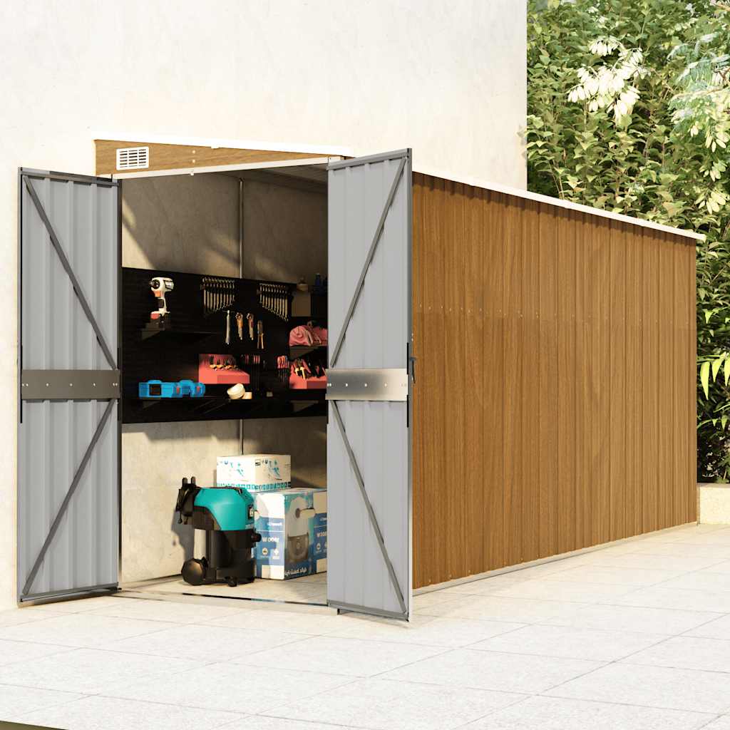 Casetta da giardino a muro marrone 118x382x178 cm in acciaio zincato