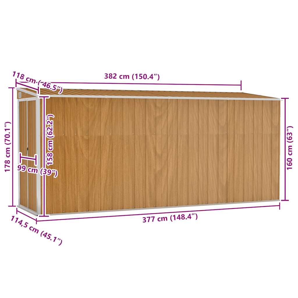 Casetta da giardino a muro marrone 118x382x178 cm in acciaio zincato
