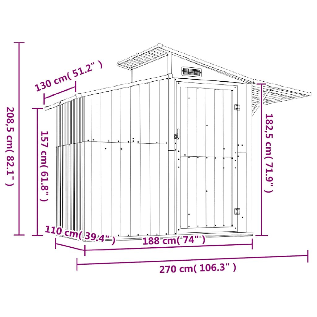 Capanno da Giardino Grigio 270x130x208,5 cm Acciaio Zincato