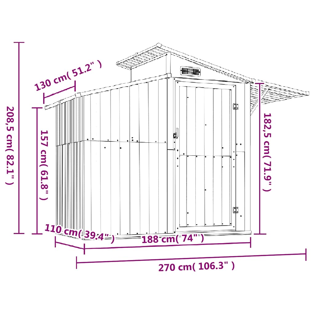 Capanno da Giardino Antracite 270x130x208,5 cm Acciaio Zincato