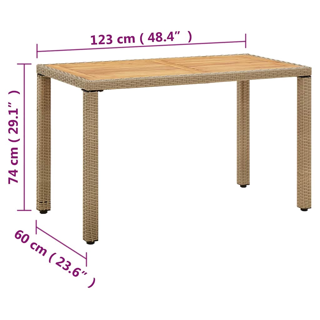Tavolo Giardino Beige 123x60x74 cm Polyrattan e Massello Acacia