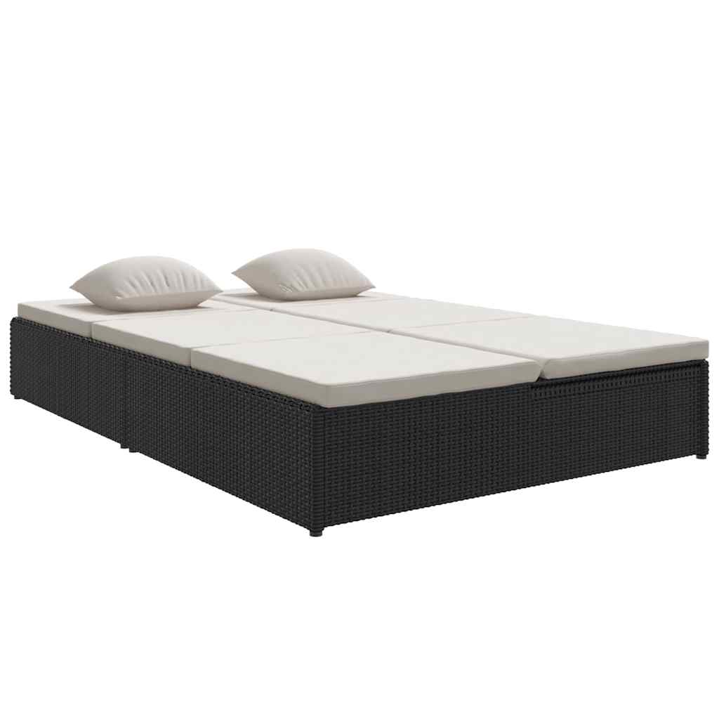 Lettino Prendisole Trasformabile con Cuscini in Polyrattan Nero