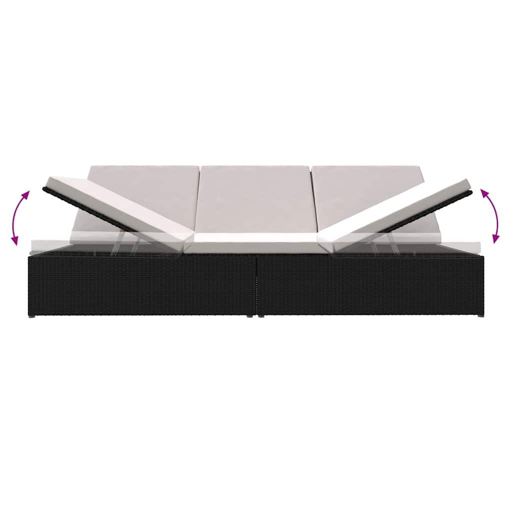 Lettino Prendisole Trasformabile con Cuscini in Polyrattan Nero
