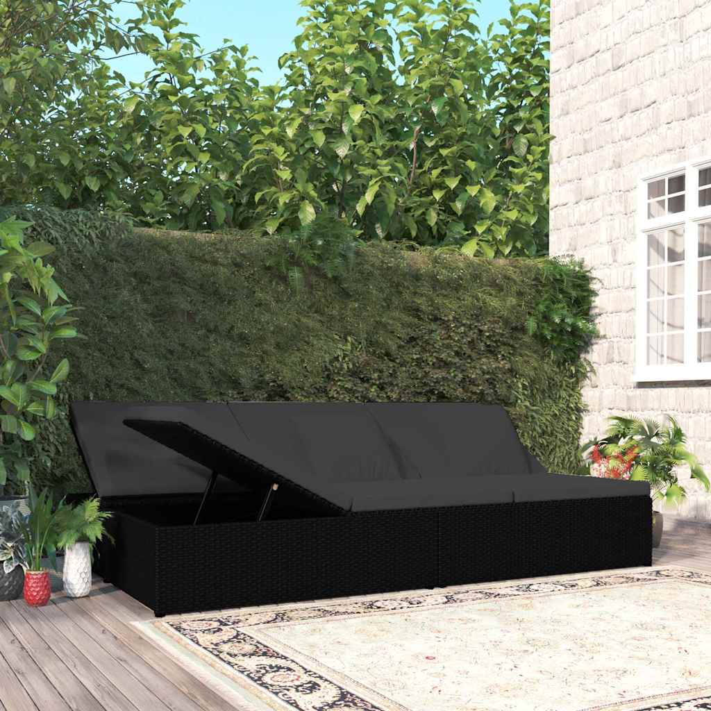 Lettino Prendisole Trasformabile con Cuscini in Polyrattan Nero