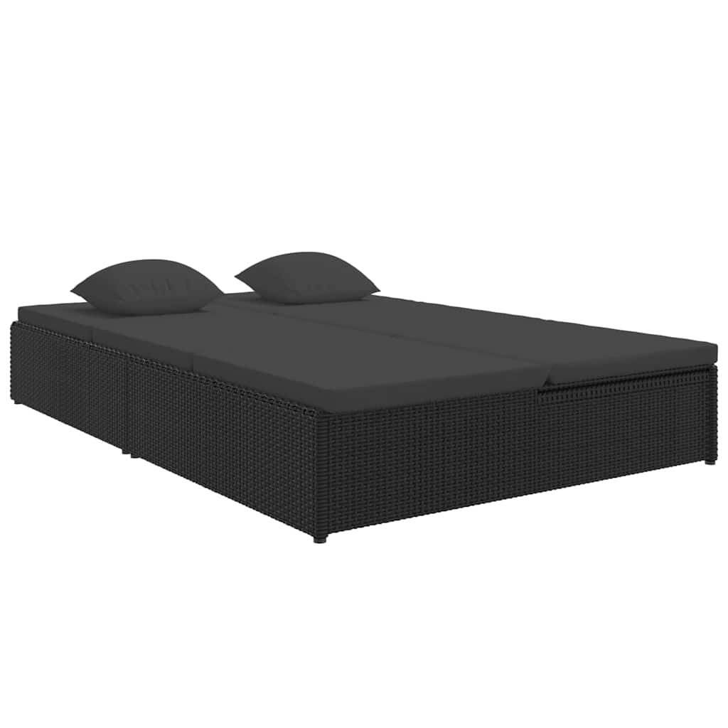 Lettino Prendisole Trasformabile con Cuscini in Polyrattan Nero