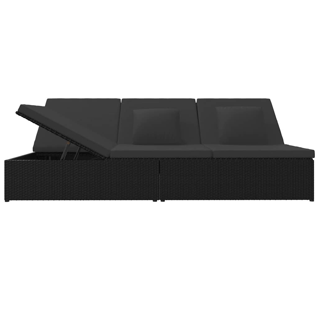 Lettino Prendisole Trasformabile con Cuscini in Polyrattan Nero