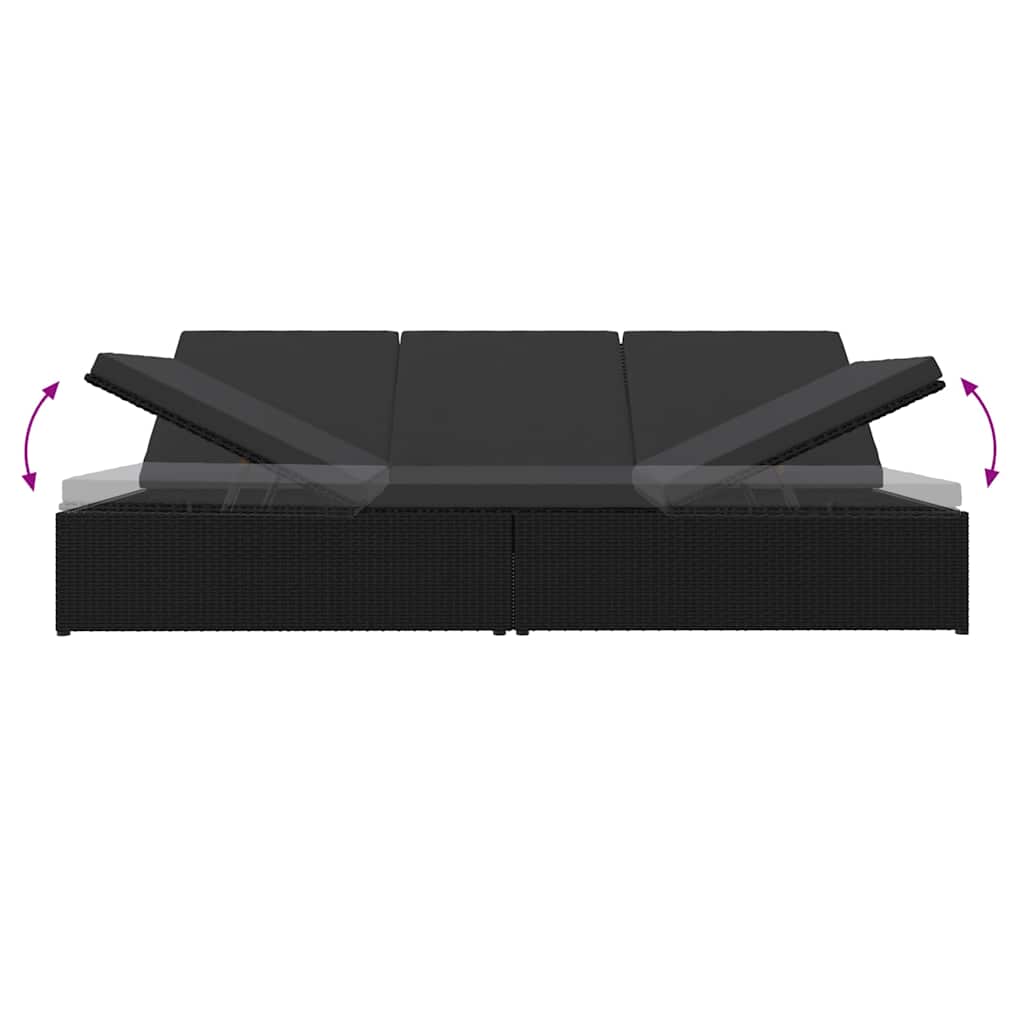 Lettino Prendisole Trasformabile con Cuscini in Polyrattan Nero