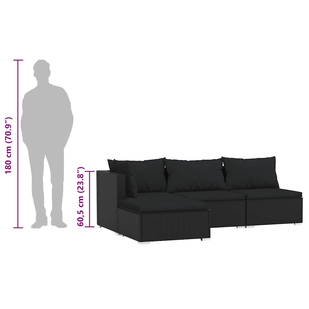 Set Divani da Giardino 4 pz con Cuscini in Polyrattan Nero