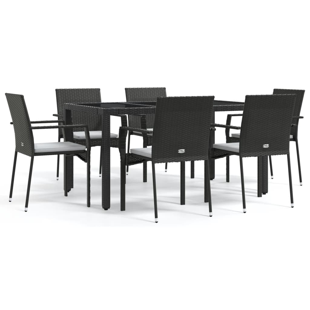 Set da Pranzo da Giardino 7 pz Nero con Cuscini in Polyrattan