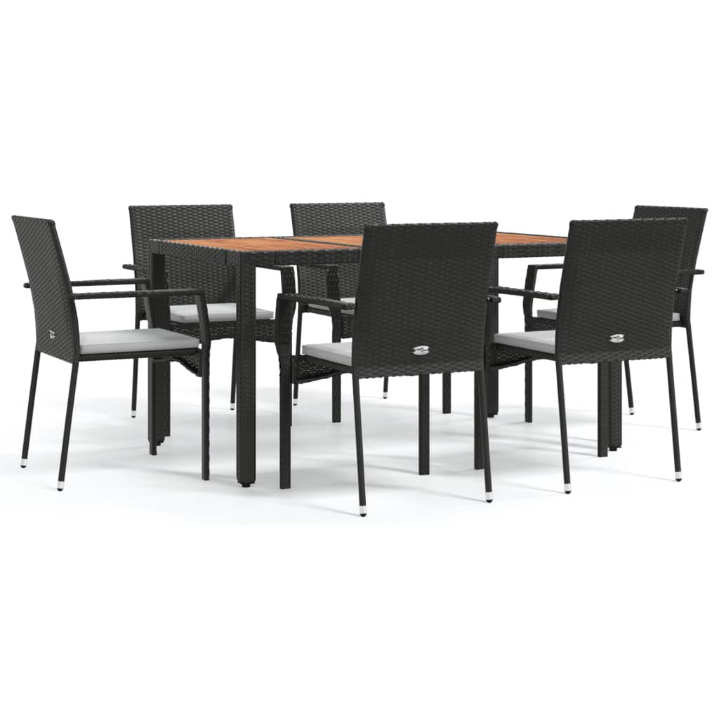 Set da Pranzo da Giardino 7 pz Nero con Cuscini in Polyrattan