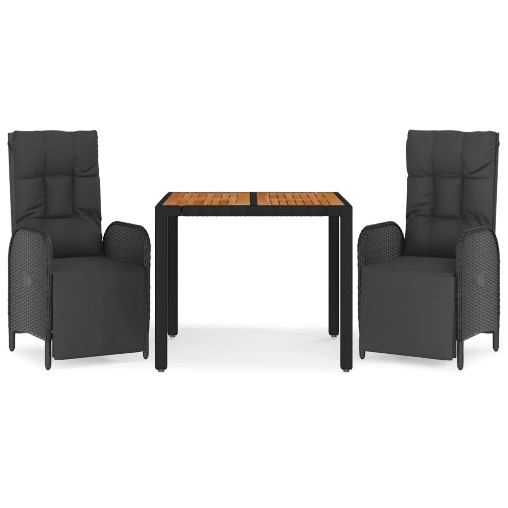 Set da Pranzo da Giardino 3 pz con Cuscini Nero in Polyrattan