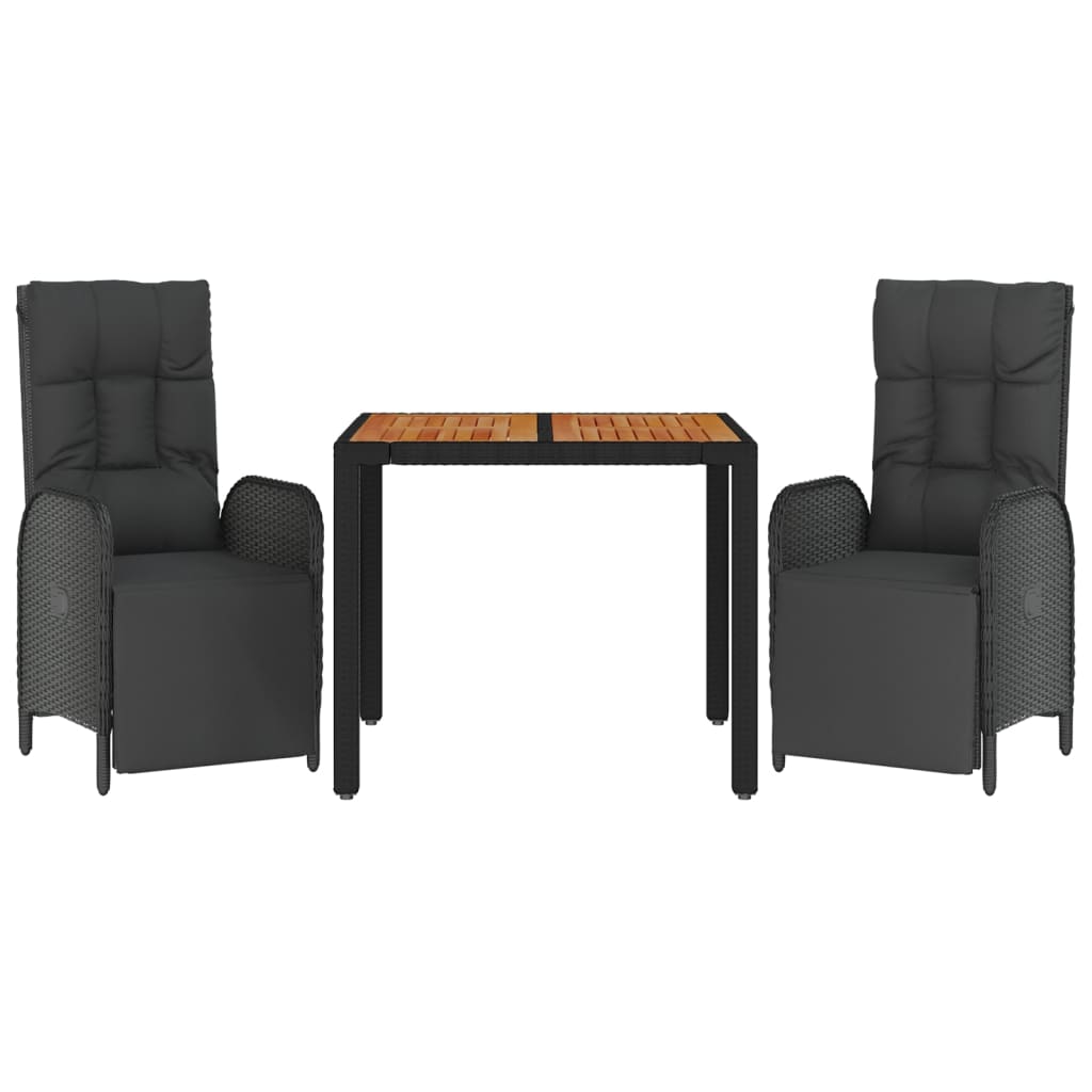 Set da Pranzo da Giardino 3 pz con Cuscini Nero in Polyrattan