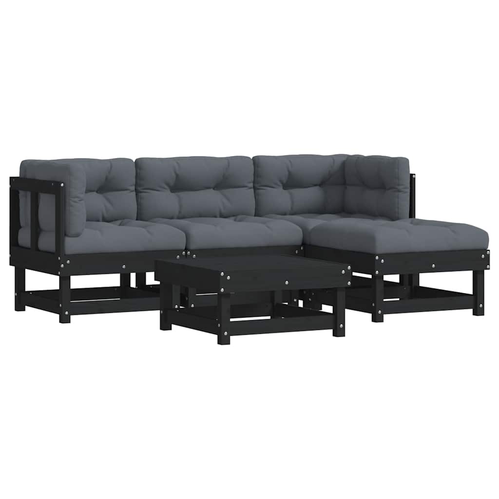 Set Divani da Giardino 5 pz con Cuscini in Legno Massello Nero