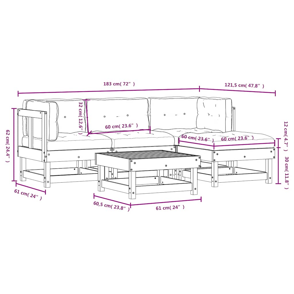Set Divani da Giardino 5 pz con Cuscini in Legno Massello Nero