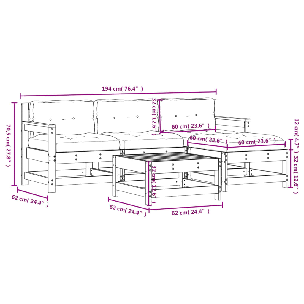 Set Divani da Giardino 5pz con Cuscini in Legno Massello Grigio