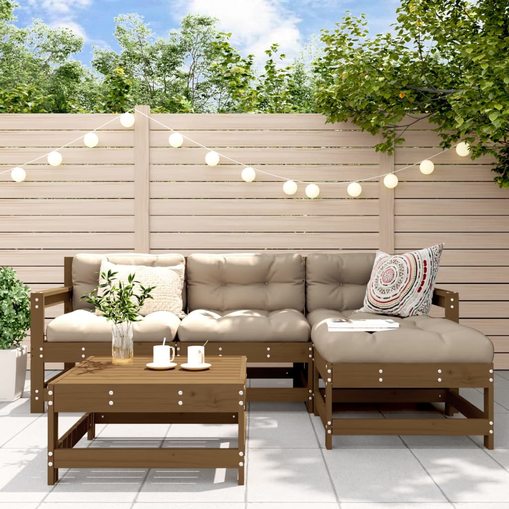 Set Divani da Giardino 5 pz con Cuscini in Legno Massello ambra