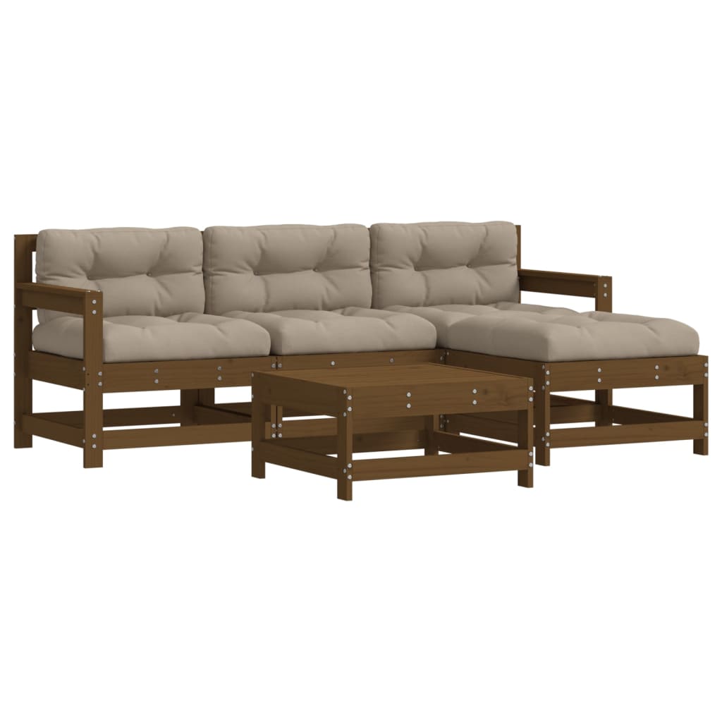 Set Divani da Giardino 5 pz con Cuscini in Legno Massello ambra