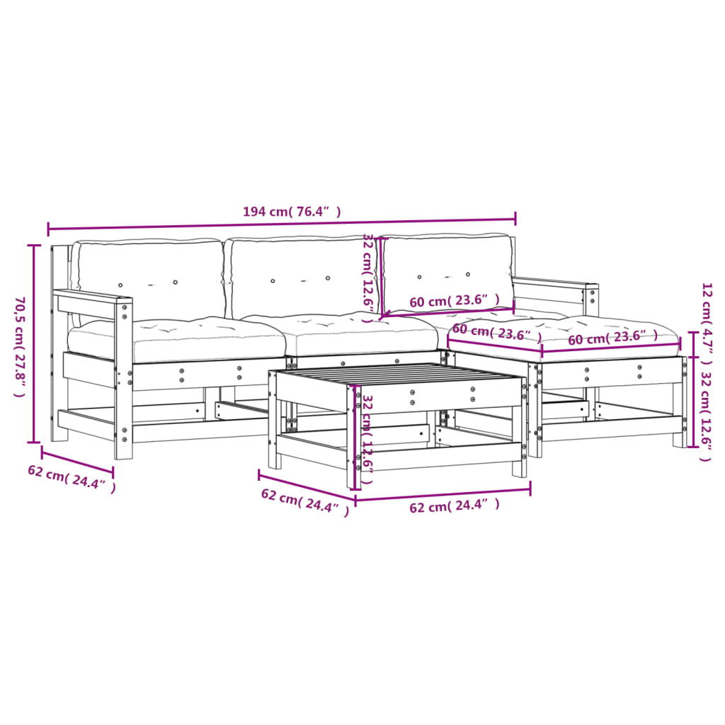 Set Divani da Giardino 5 pz con Cuscini in Legno Massello ambra