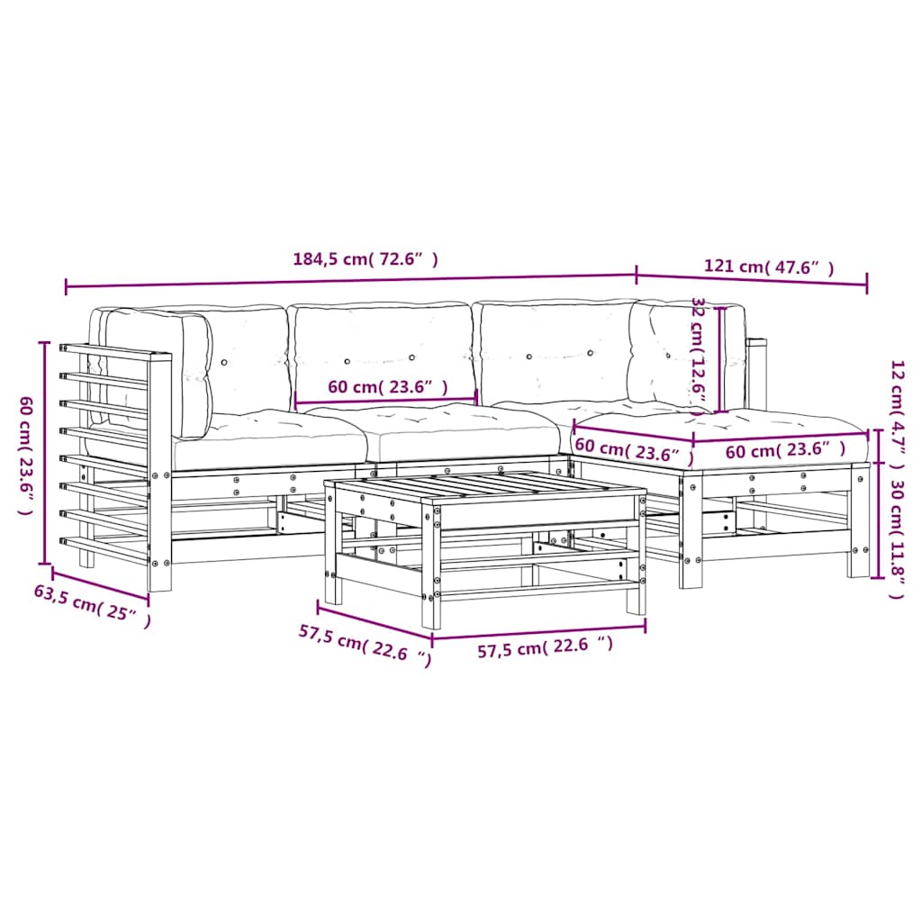 Set Divani da Giardino 5pz con Cuscini in Legno Massello Grigio
