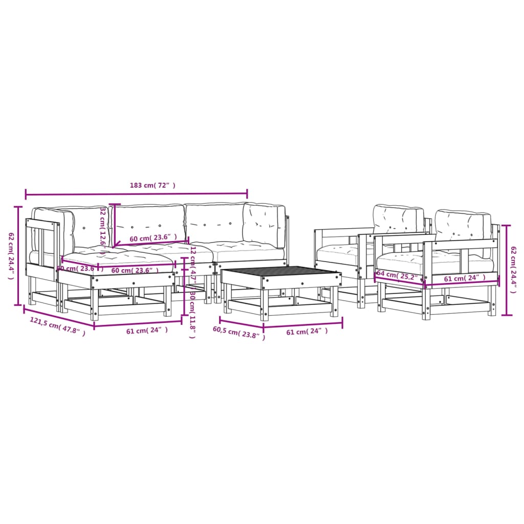 Set Divani da Giardino 7 pz con Cuscini in Legno Massello