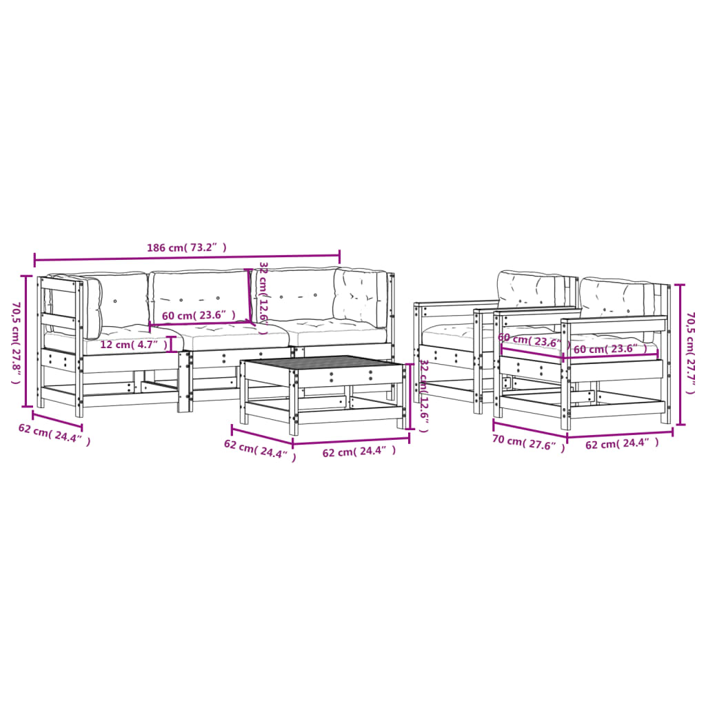Set Divani Giardino 6 pz con Cuscini Legno Massello di Douglas