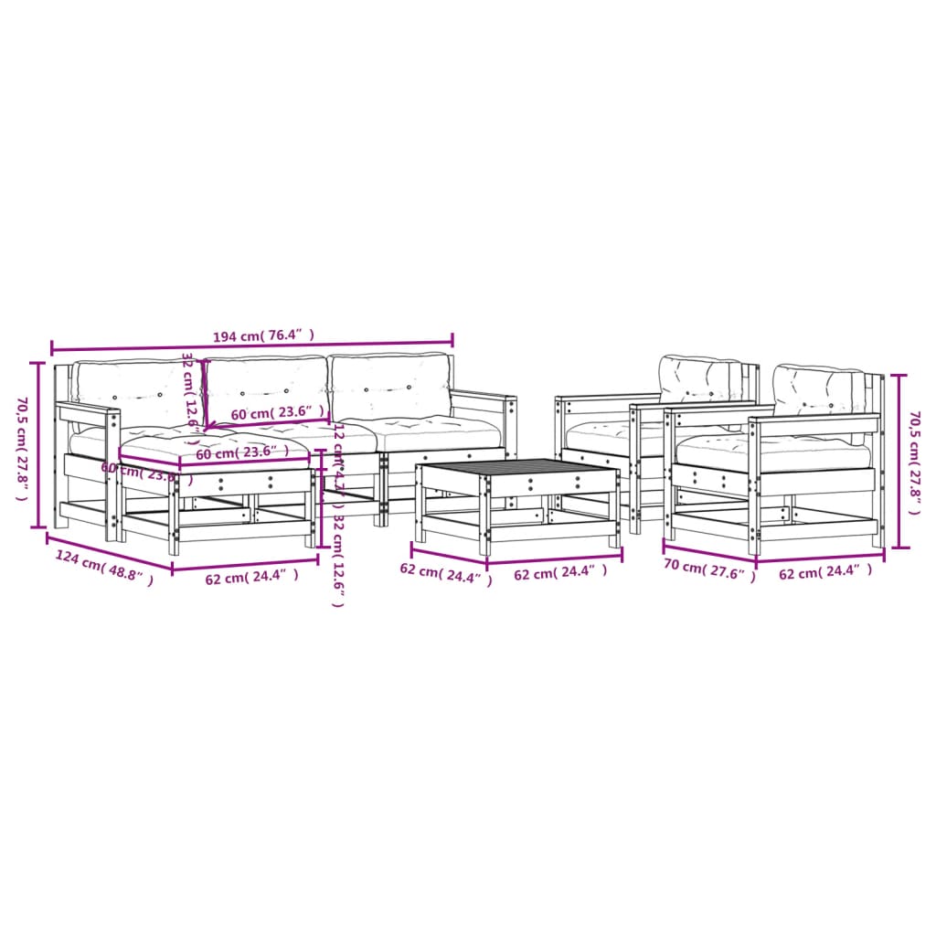 Set Divani da Giardino 7 pz con Cuscini in Legno Massello