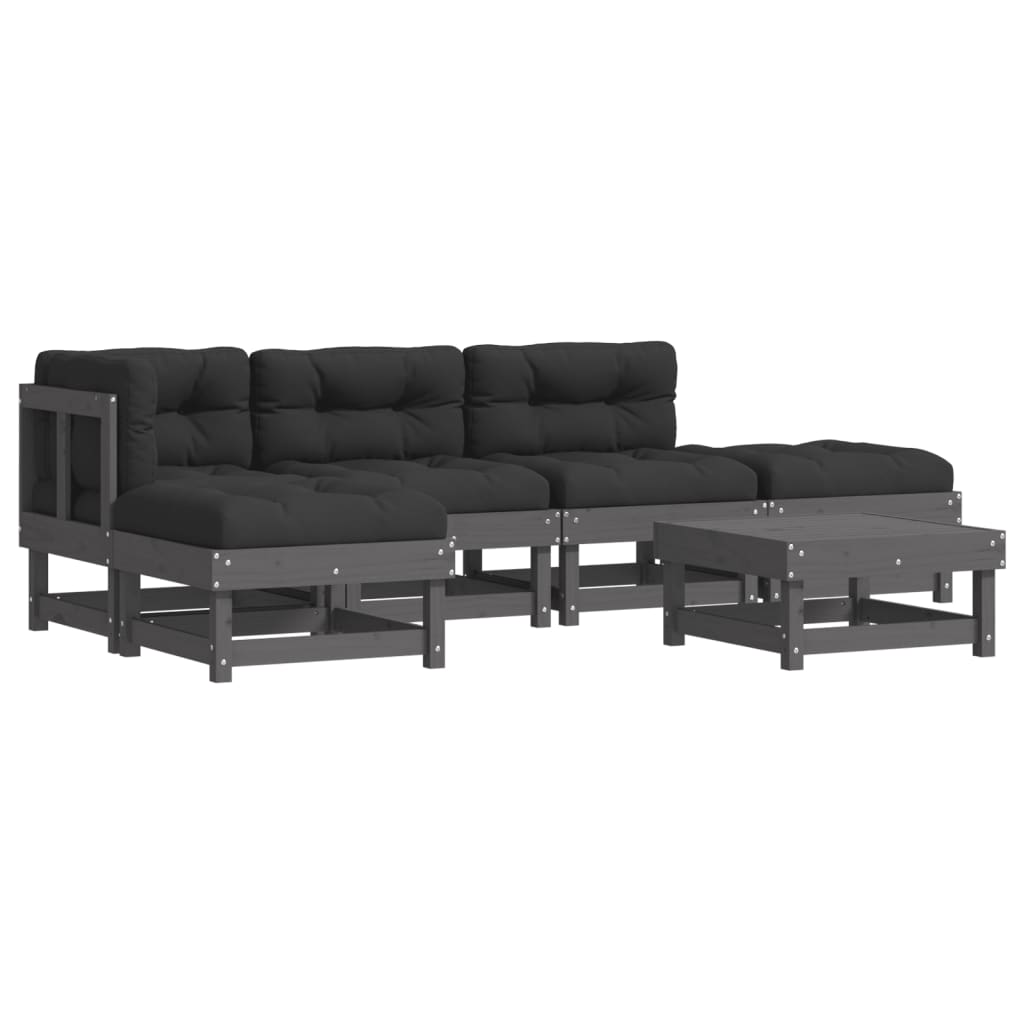 Set Divani da Giardino 6pz con Cuscini in Legno Massello Grigio