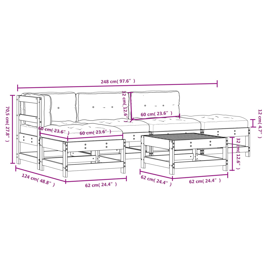 Set Divani da Giardino 6pz con Cuscini in Legno Massello Bianco