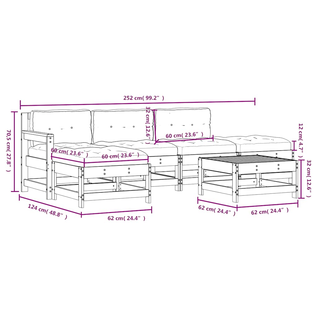 Set Divani da Giardino 6pz con Cuscini in Legno Massello Grigio