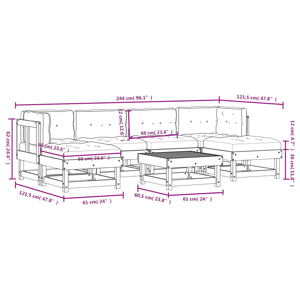 Set Divani da Giardino 7 pz con Cuscini in Legno Massello