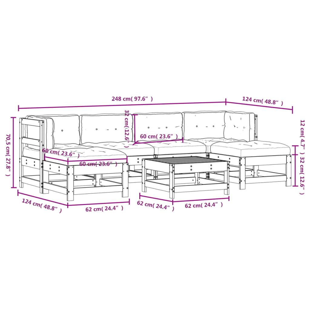 Set Divani da Giardino 7 pz con Cuscini in Legno Massello