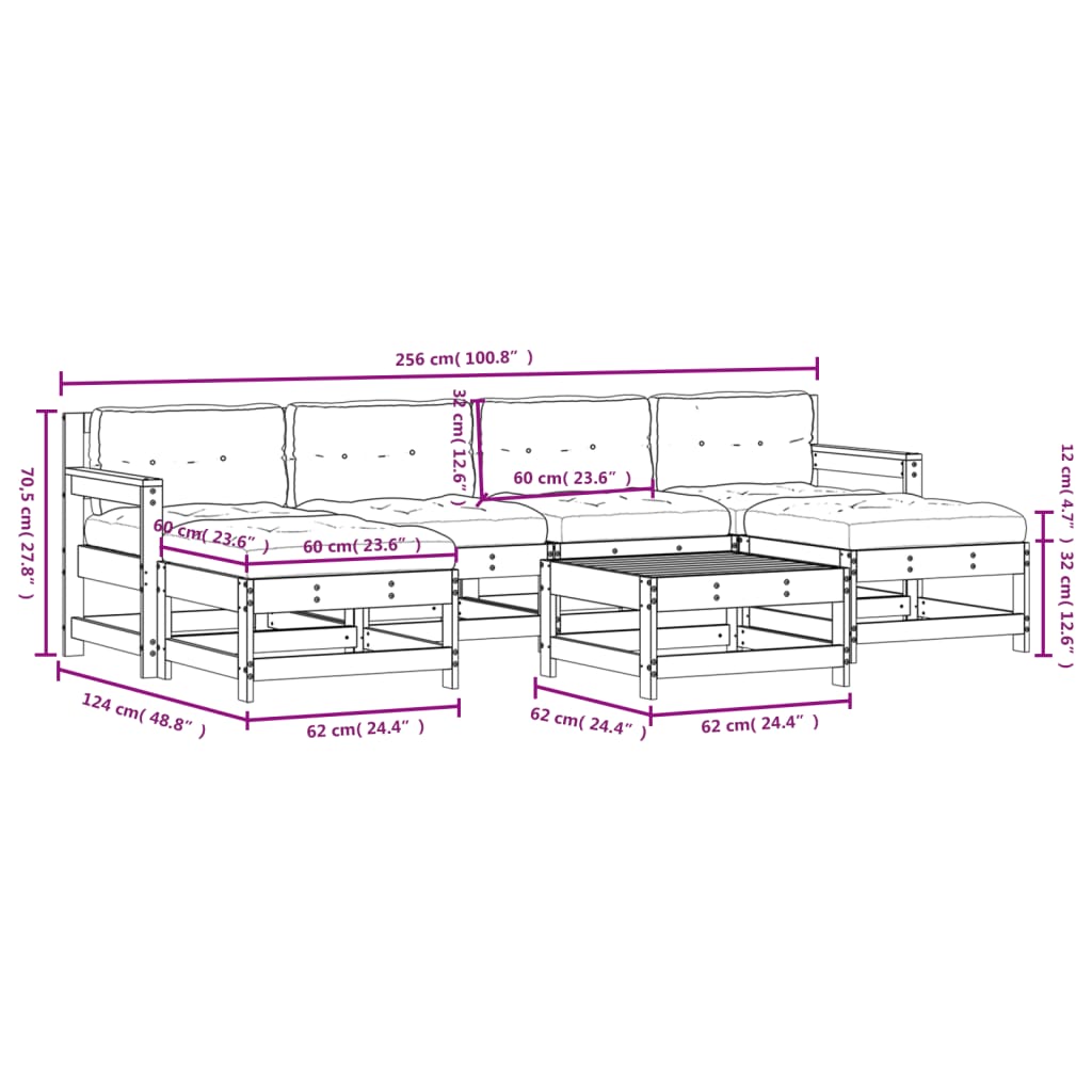 Set Divani da Giardino 7 pz con Cuscini in Legno Massello
